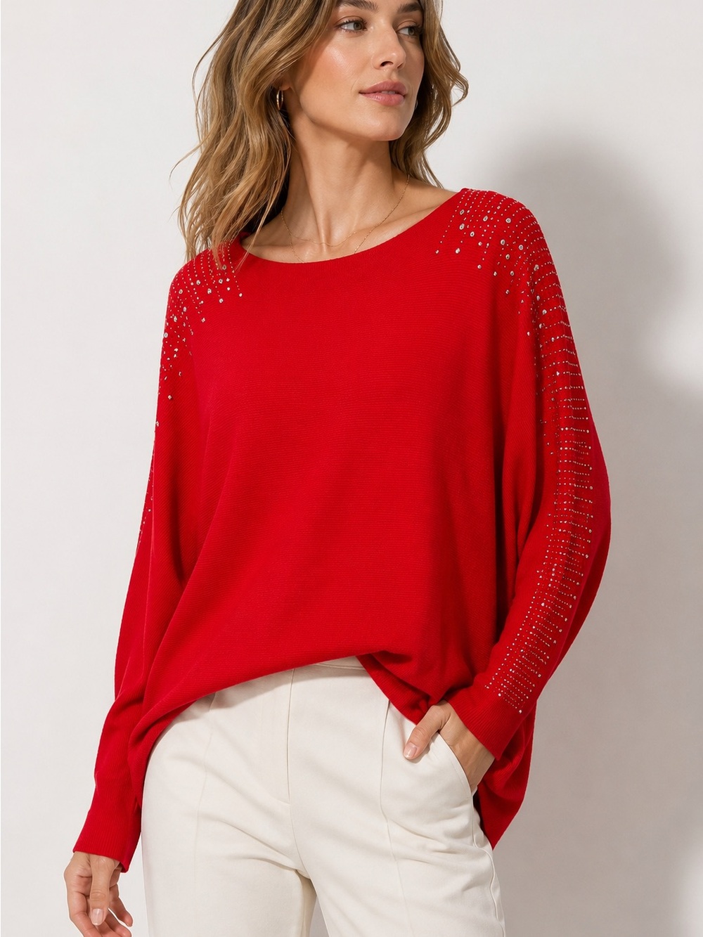 Milano Red Rhinestone Studded Dolman Sleeve Boat Neck Sweater Size Large